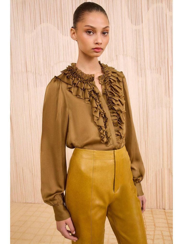 Ulla Johnson Rouen Silk Ruffle Front Long Sleeve Blouse In Olive Green Size 0